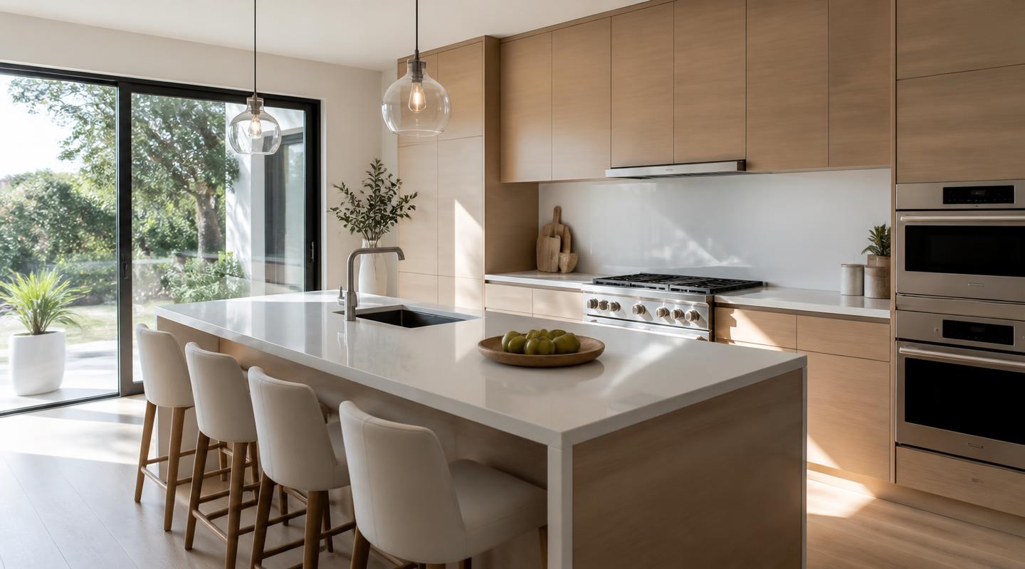 Spotless kitchen with light wood cabinetry and gleaming countertops